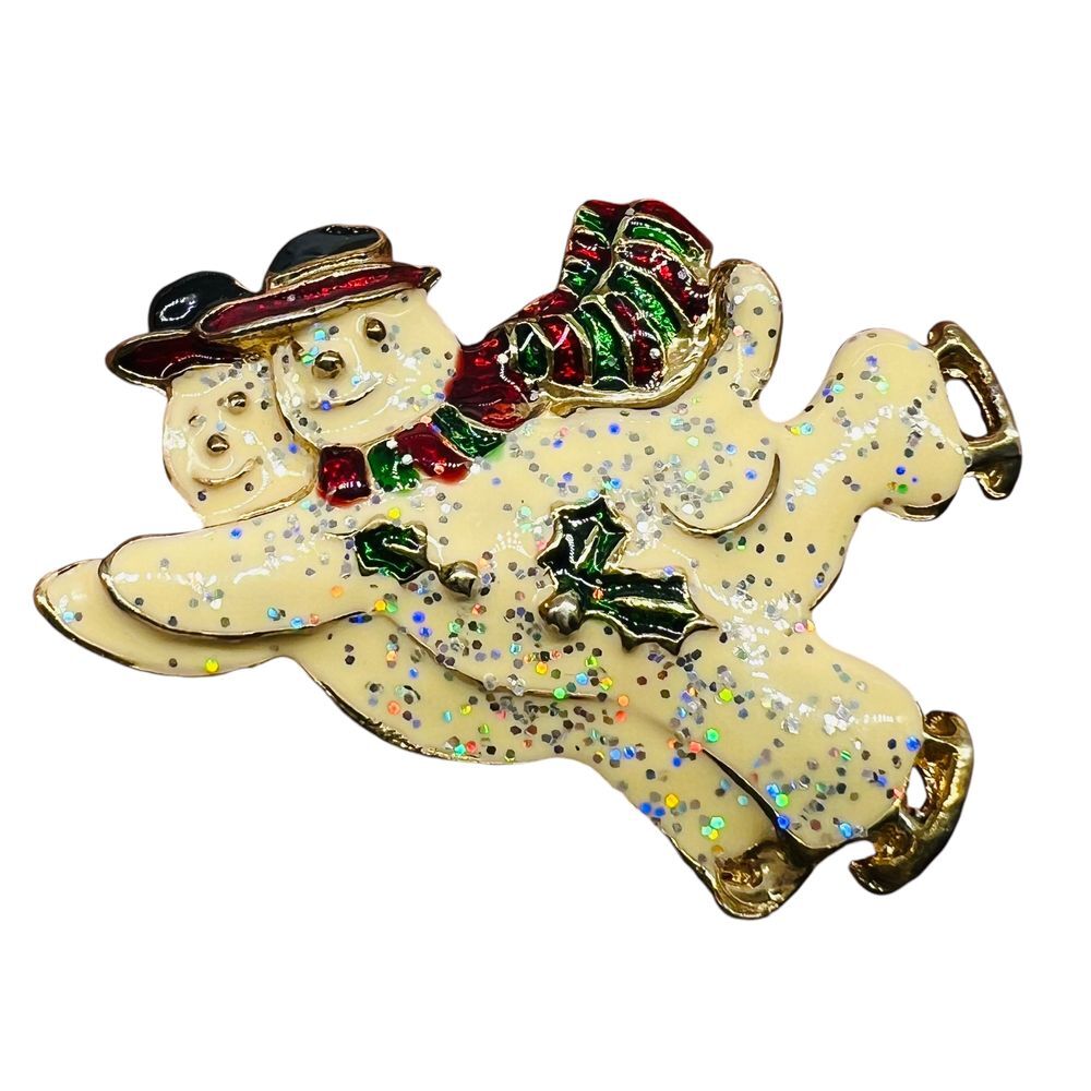 Snowman‎ Christmas Holiday Ice Skating Pair Glitter Holly Leaf Brooch Pendant